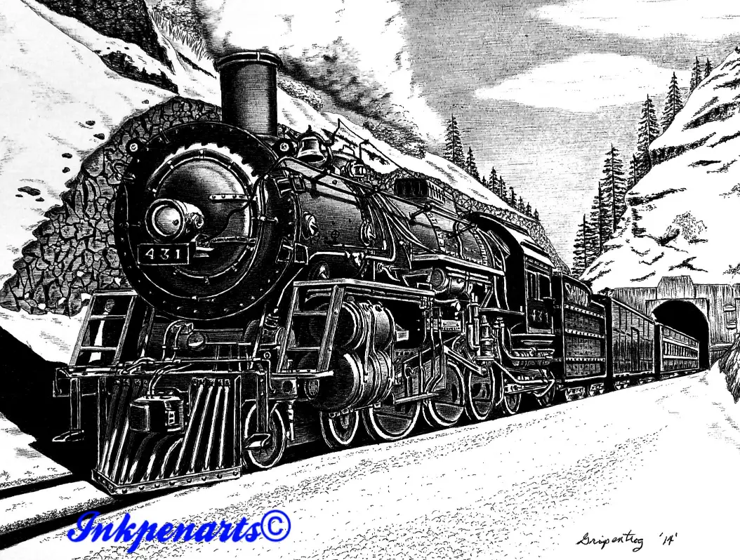 Steam Locomotive pen and ink art
